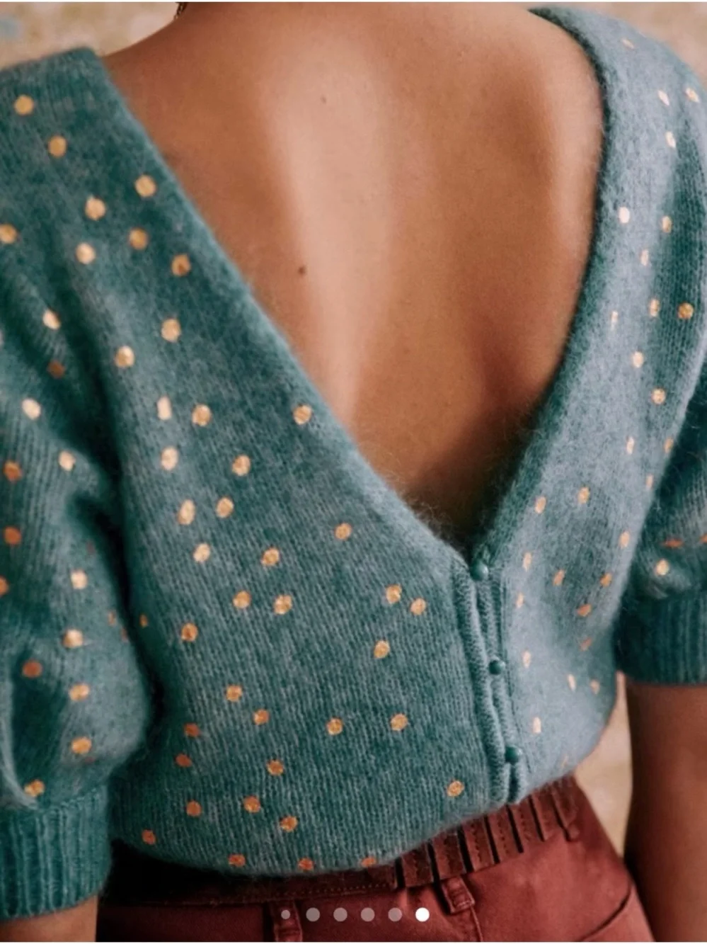 Sezane Teal Blue Gold Polka Dot Short Sleeve Knit Sweater Size XS NWOT - Picture 4 of 9